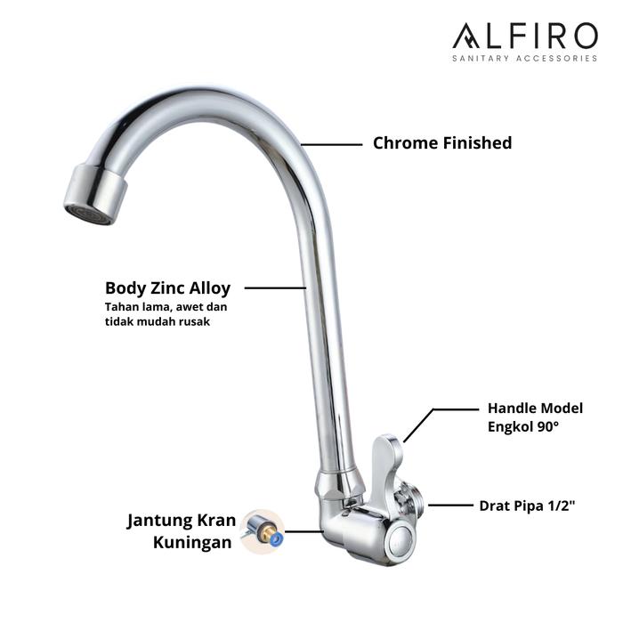 Kran Air Alfiro 004 CH – Kran Dapur, Chrome Elegan, Putar Fleksibel, Kuat Tahan Lama - Gambar 2